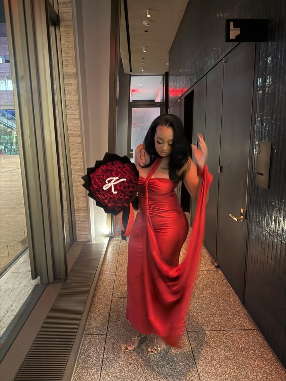 Red Strapless Ruched Evening Gown - Picture 3 of 4